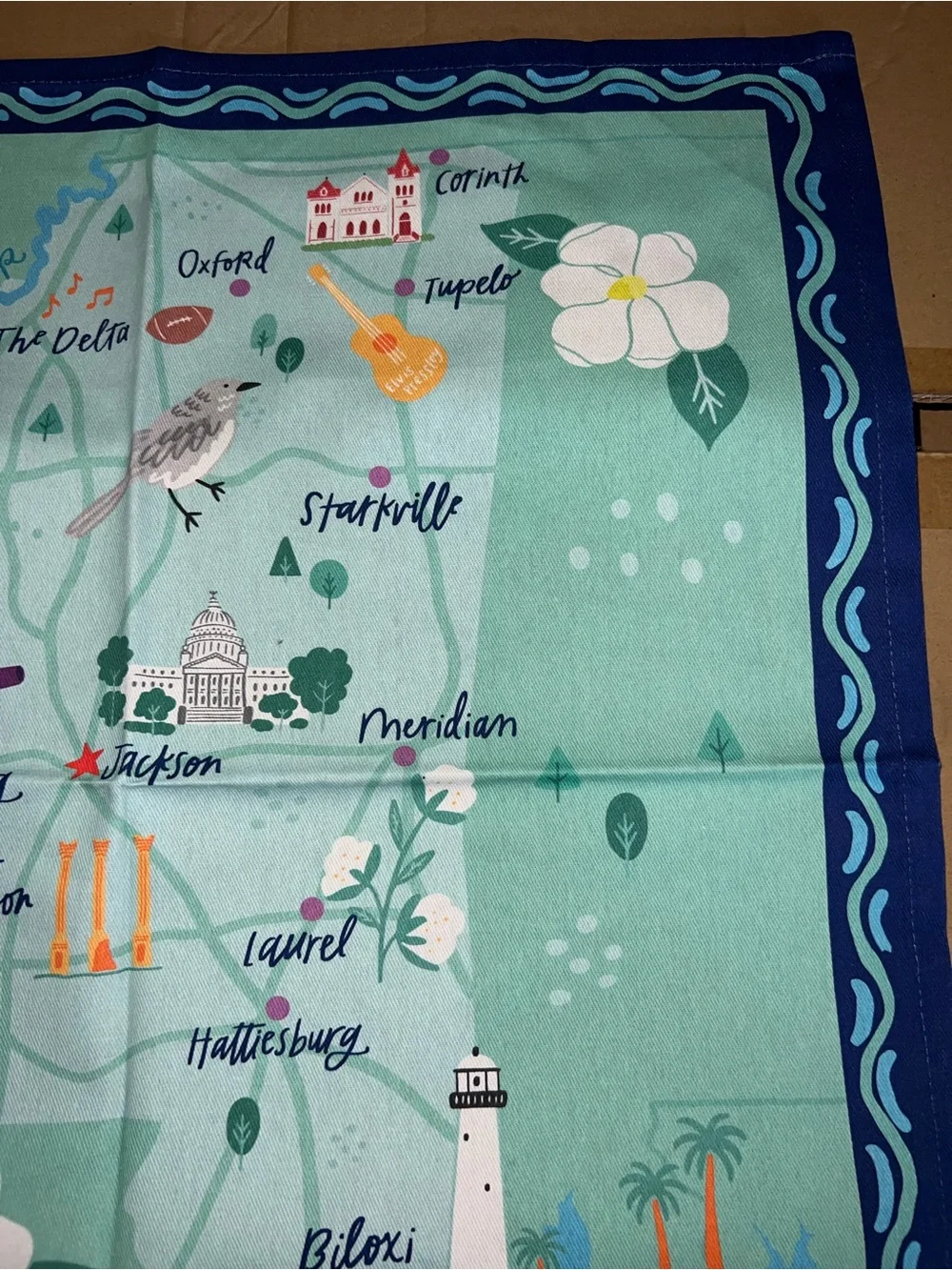 Mary Square Mississippi Map Cotton Tea Towel - Aqua and Navy